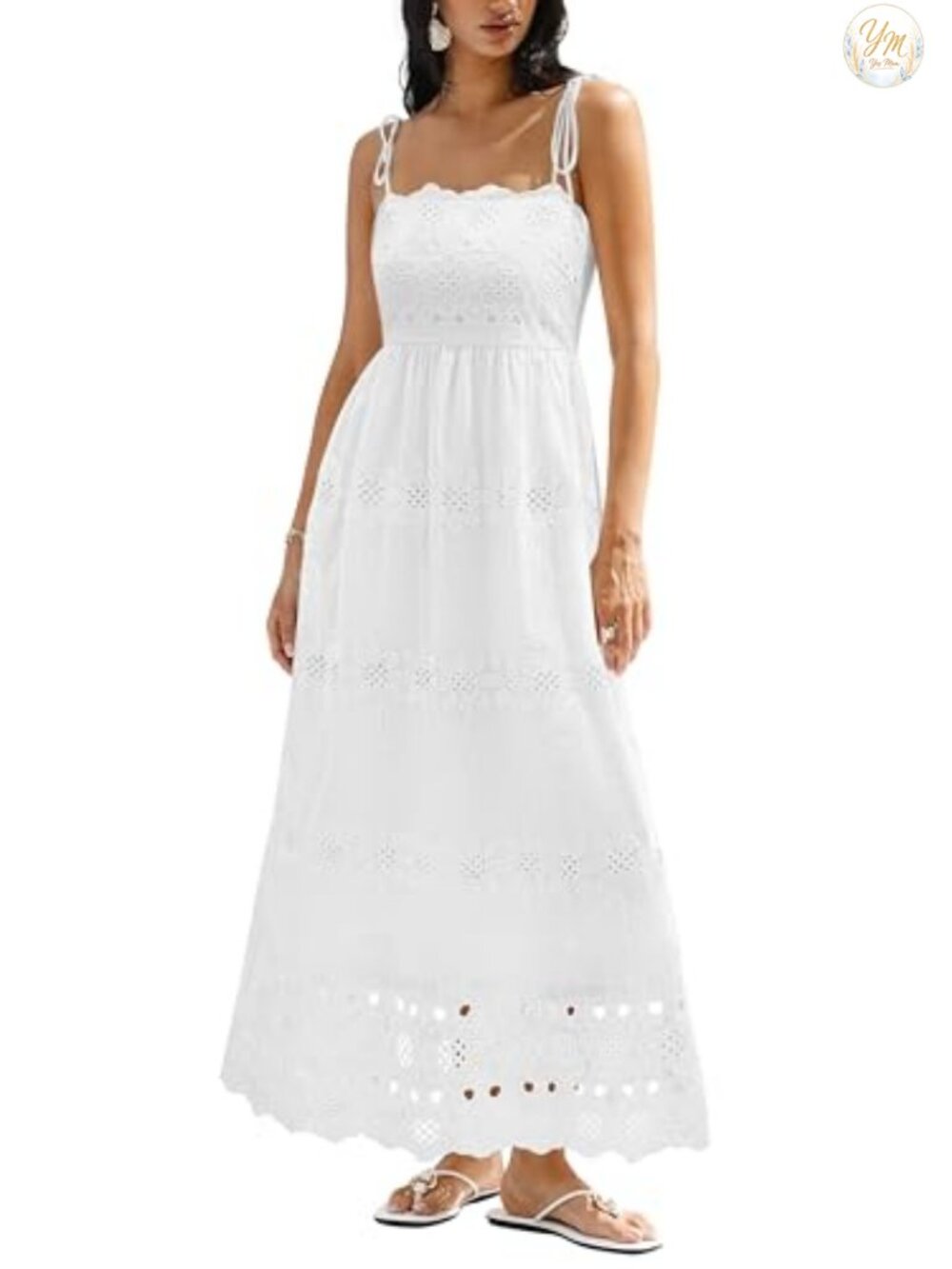 Cotton Eyelet Boho Maxi Dress Spaghetti Strap Smocked Back Pockets